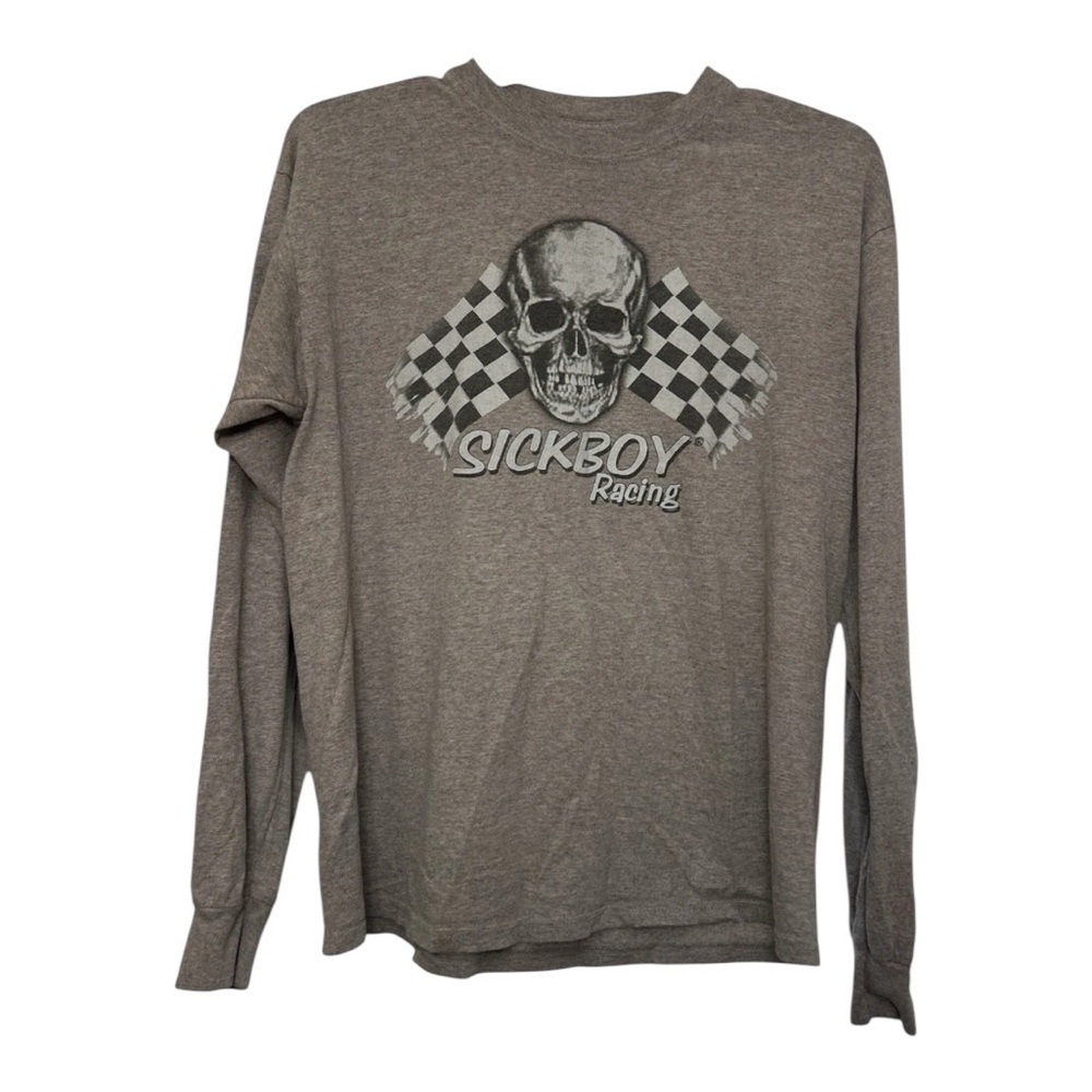 SickBoy Racing Long Sleeve Tshirt Skull Checkered Flags Gray Size Large